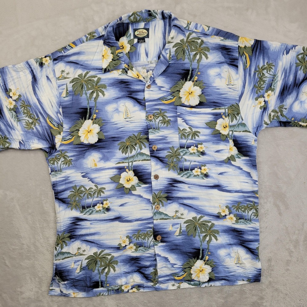 Tommy Bahama Shirt Mens Large Blue Rayon Floral Hawaiian Button Up Camp Casual